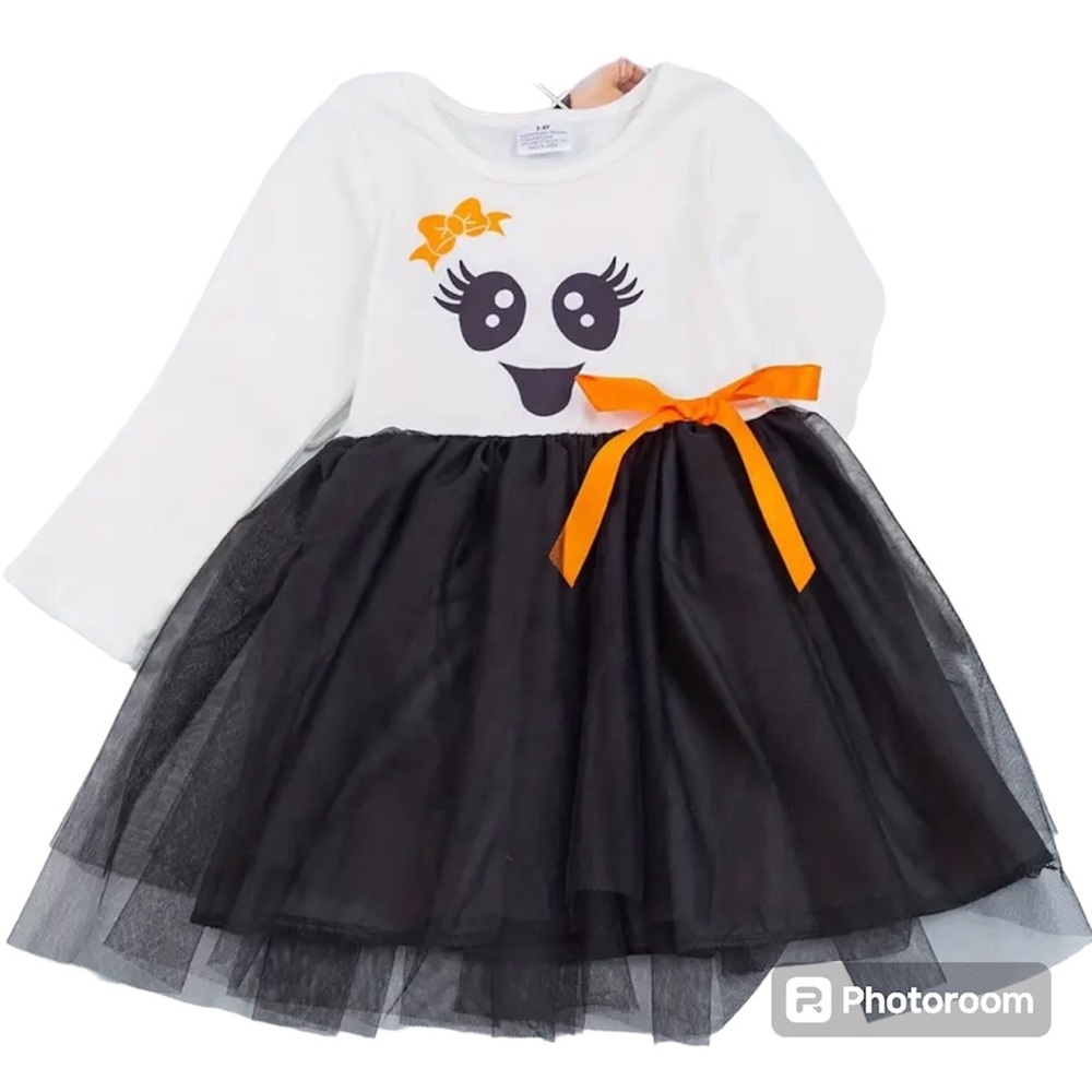 New Boutique Halloween Ghost Long Sleeve Tutu Girls Dress Black  1-2 Y
